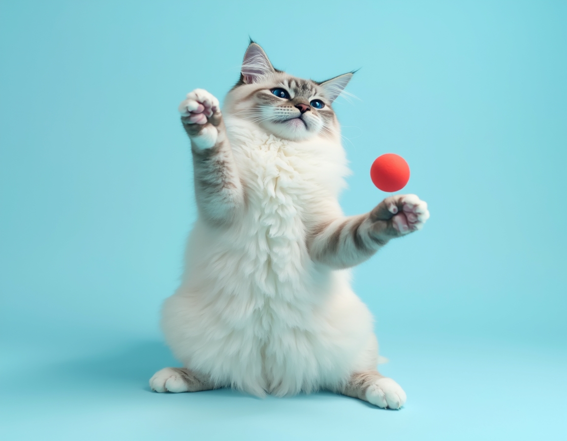 Playful studio photo of cat interacting with a bright red ball. The cat is mid-action with its paw raised, and the pastel blue background and balanced lighting create a cheerful, vibrant atmosphere that highlights the cat’s agility and energy.